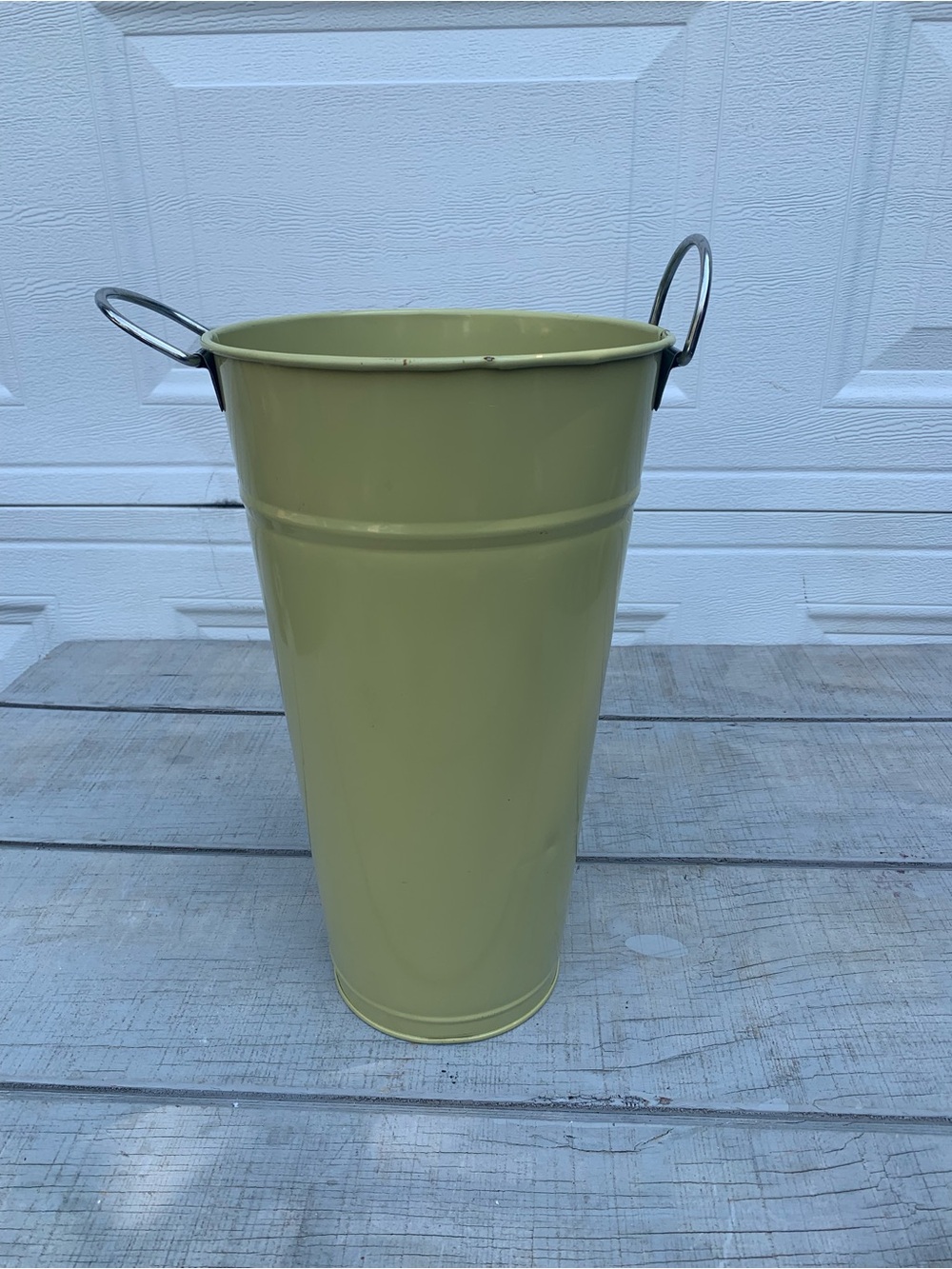Galvanized Tin Metal Vase French Flower Bucket Display 14” Sage Green W/Handles
